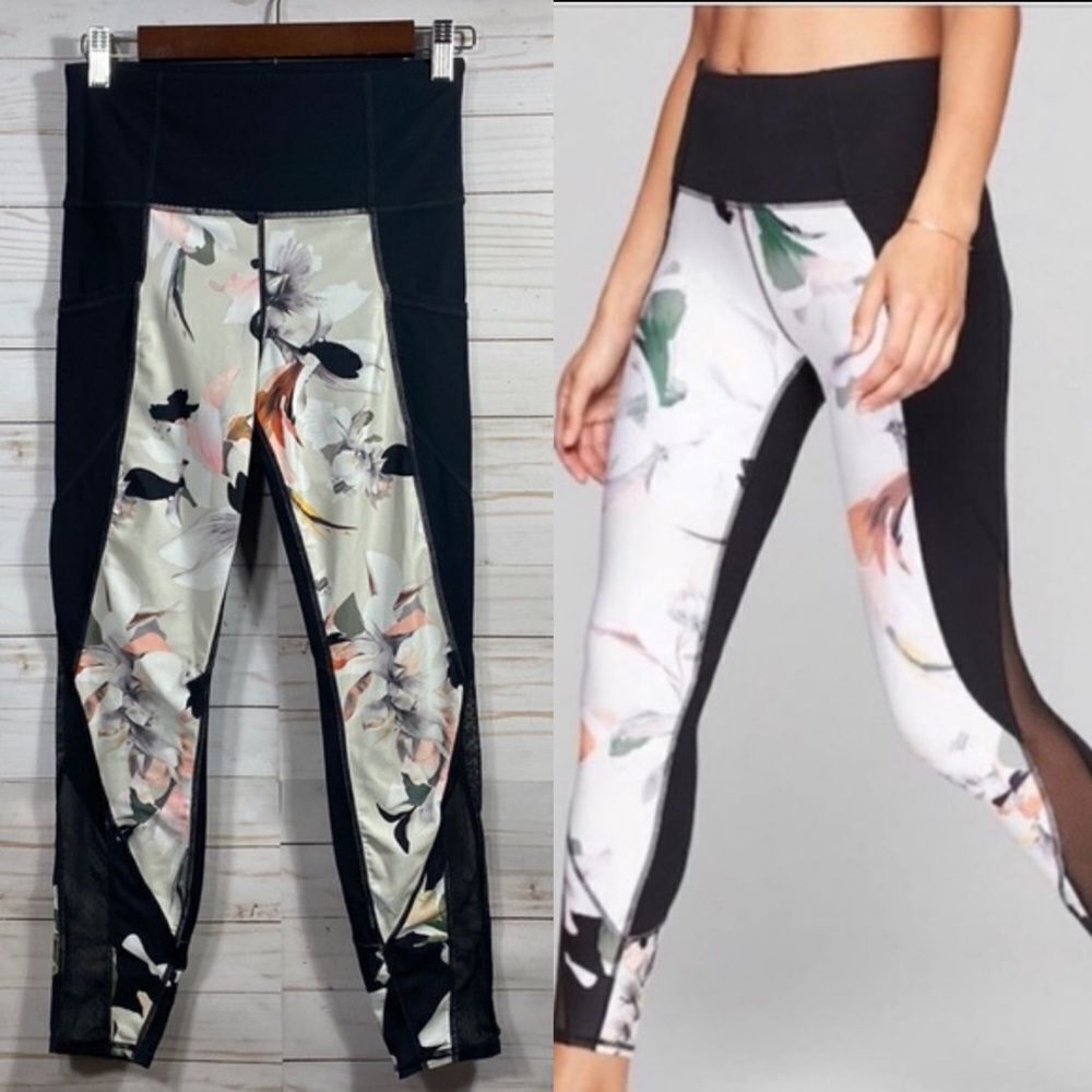 Athleta Womens High Rise Black Floral Mesh Leggings Athletic Gym Workout Active